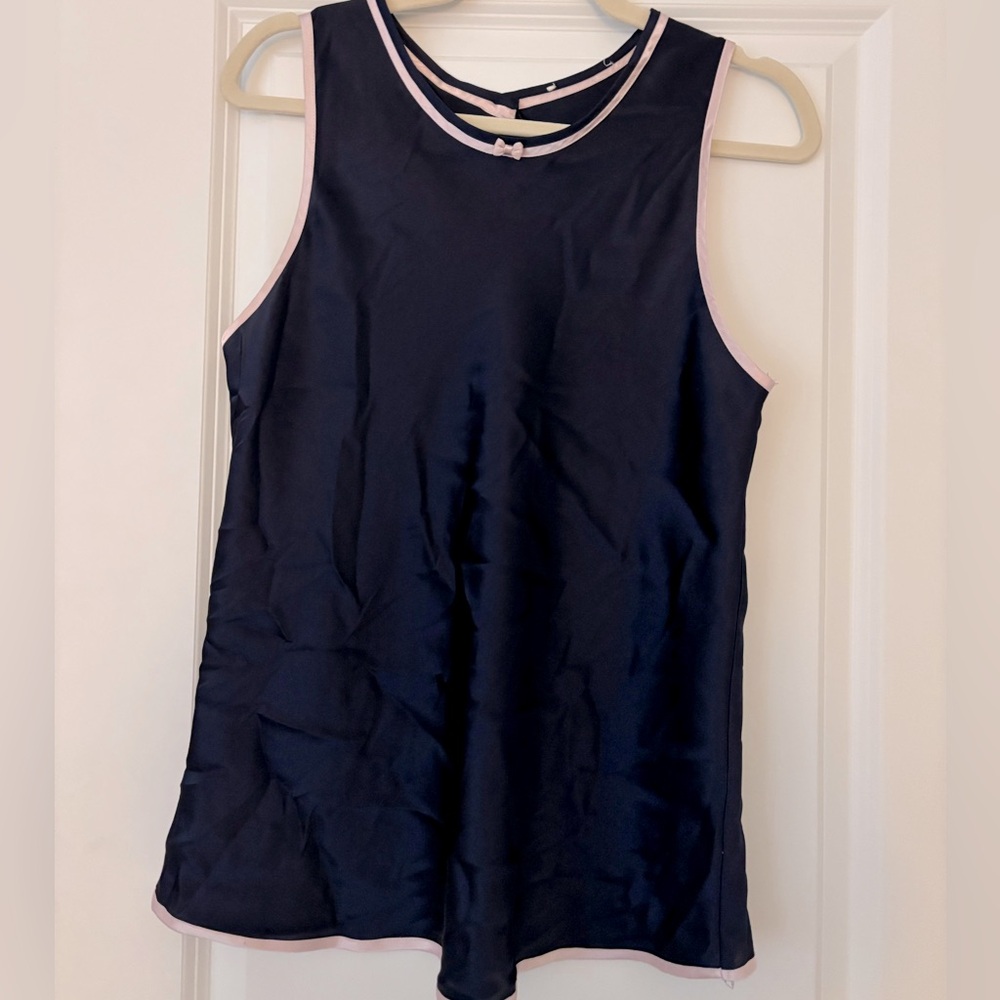 Vintage Navy Blue Satin camisole with Pink Trim Pink Bow